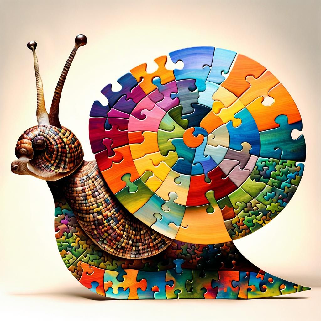Snail Made of Jigsaw Puzzle Pieces in Watercolor