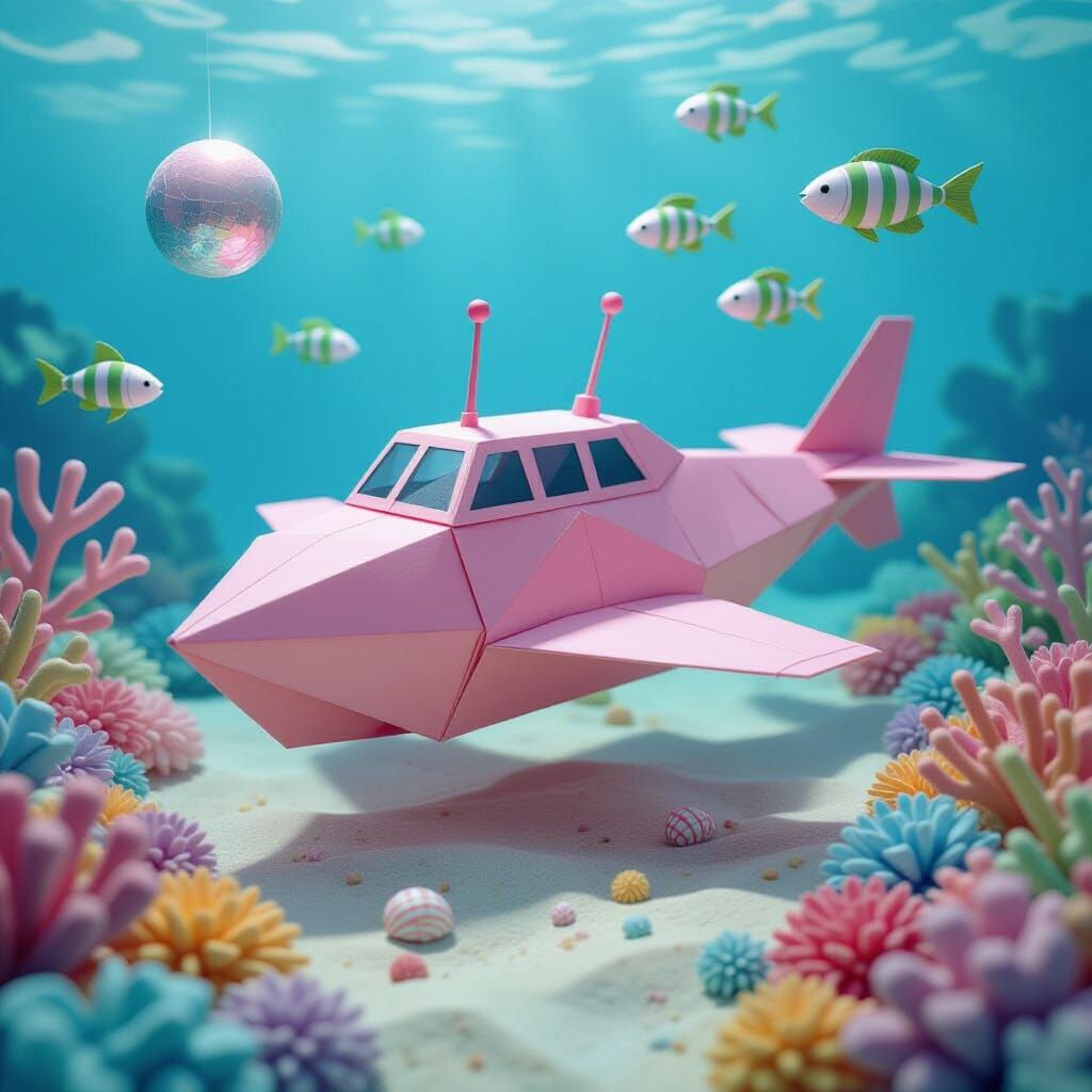 Pink Origami Submarine Explores Coral Reef