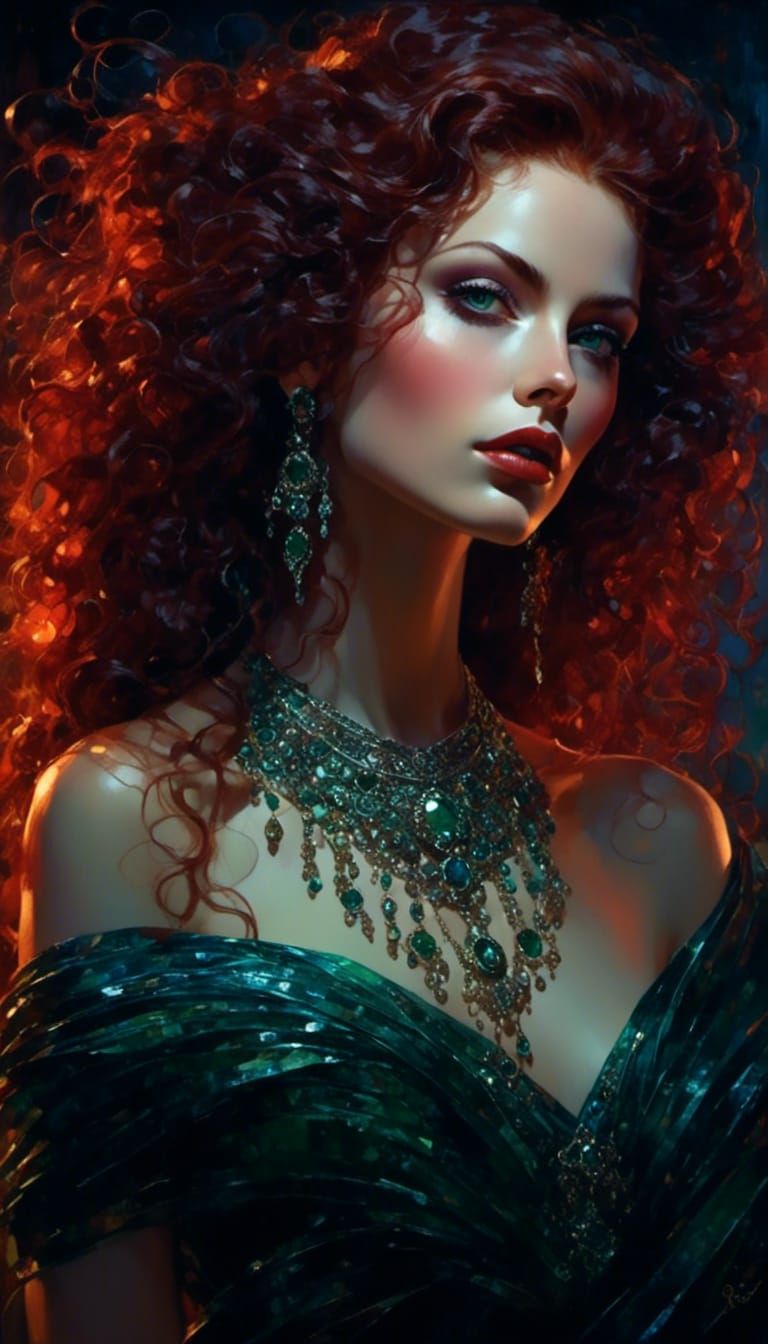 Auburn Beauty with Flowing Hair, Art Nouveau Style