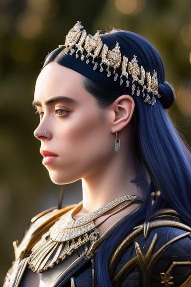 Billie Eilish Portrait with Crown, Hyperrealistic Digital Ar...