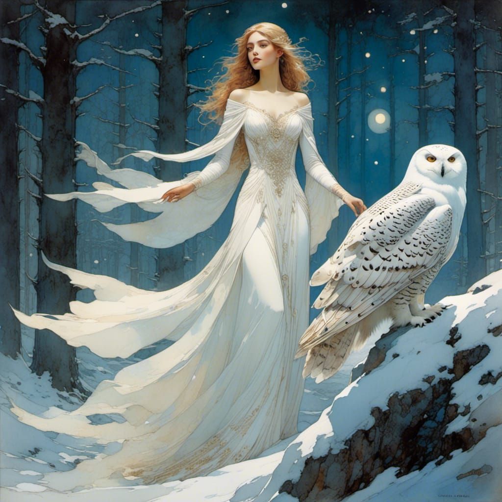 Ethereal Woman with Owl in Snowy Forest