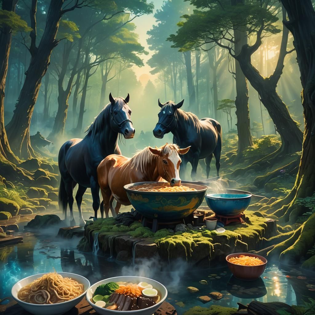 Horse and Cow Enjoy Ramen in Mystical Forest