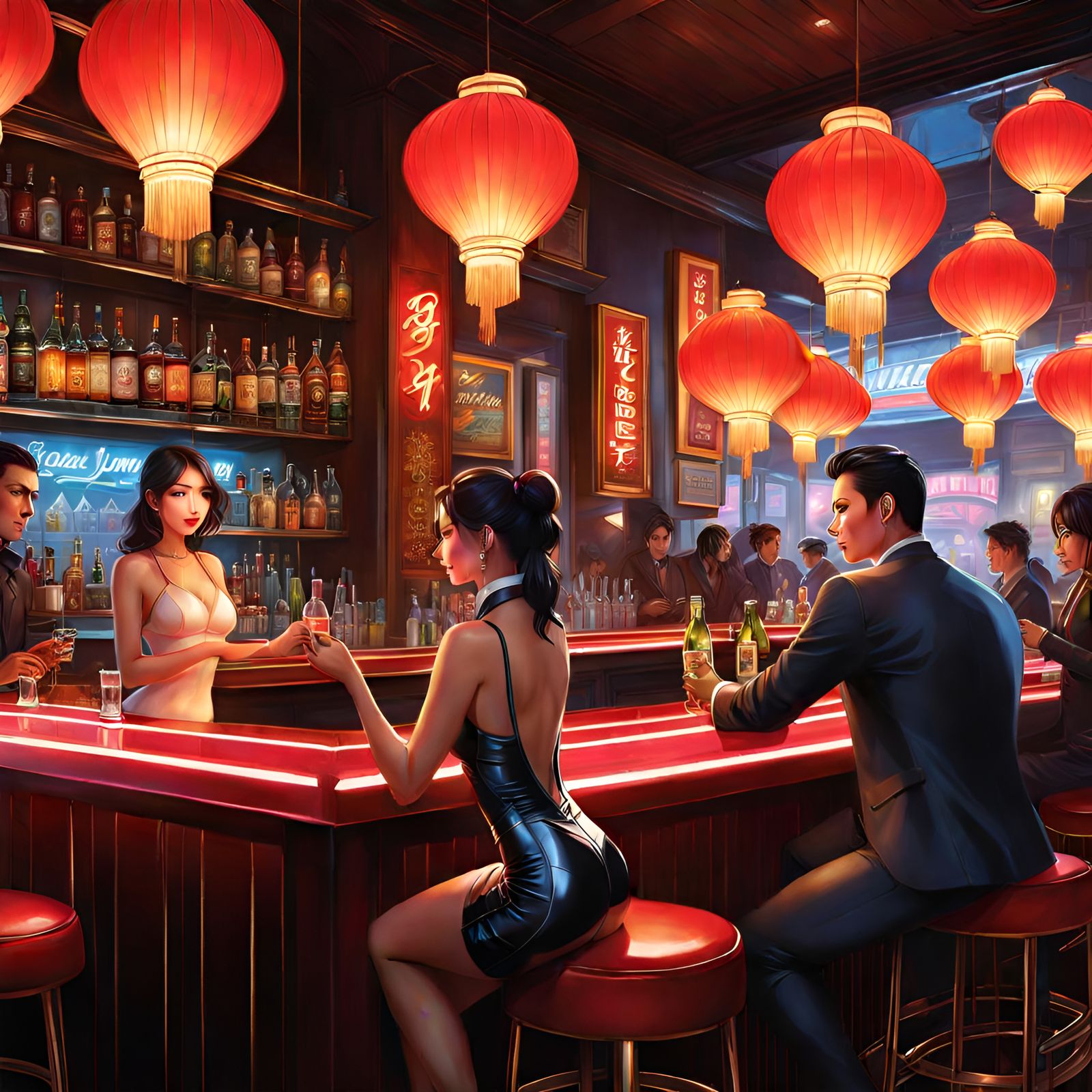 Hyperdetailed Painting of a Barmaid Serving Drinks
