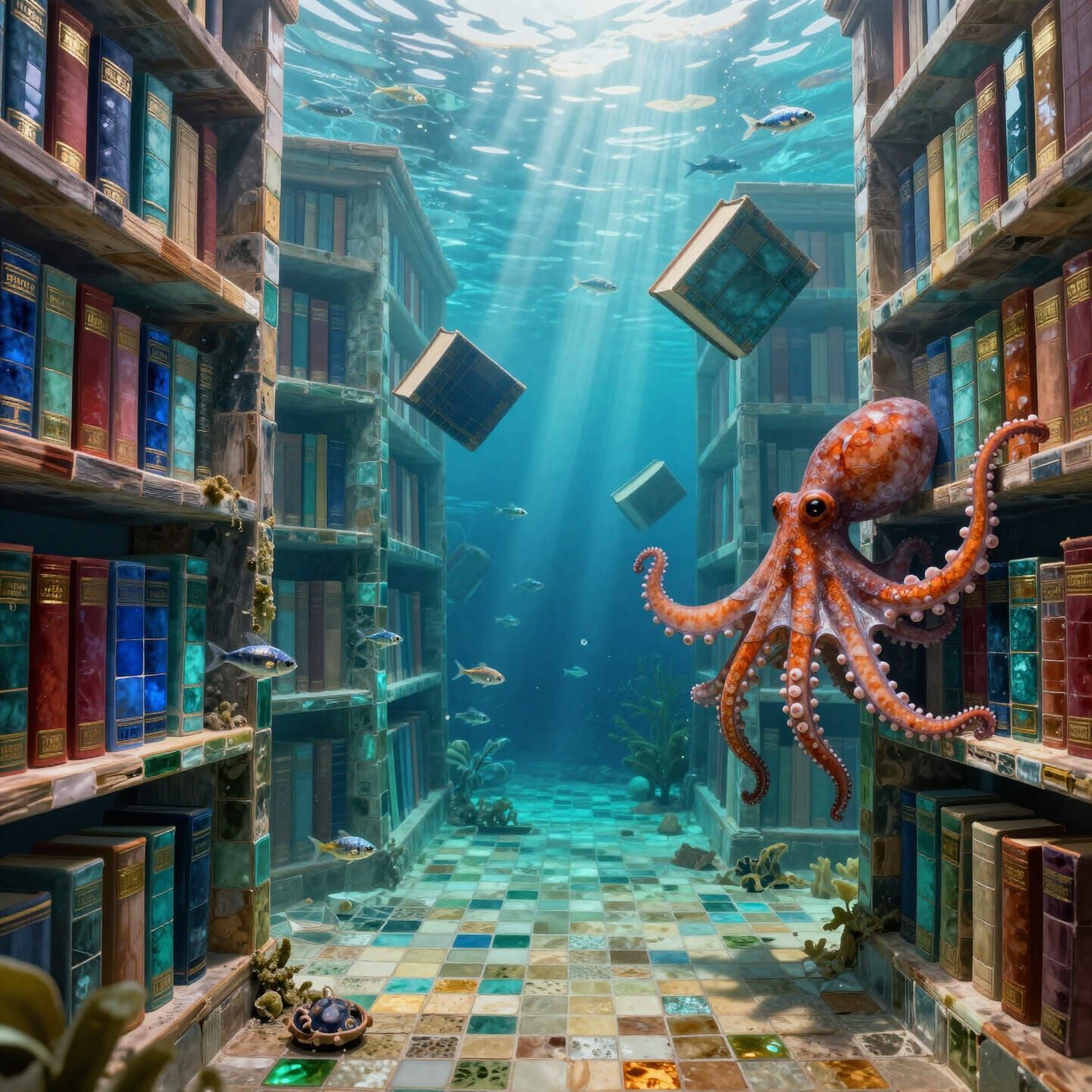 Underwater Library Mosaic Art with Floating Books