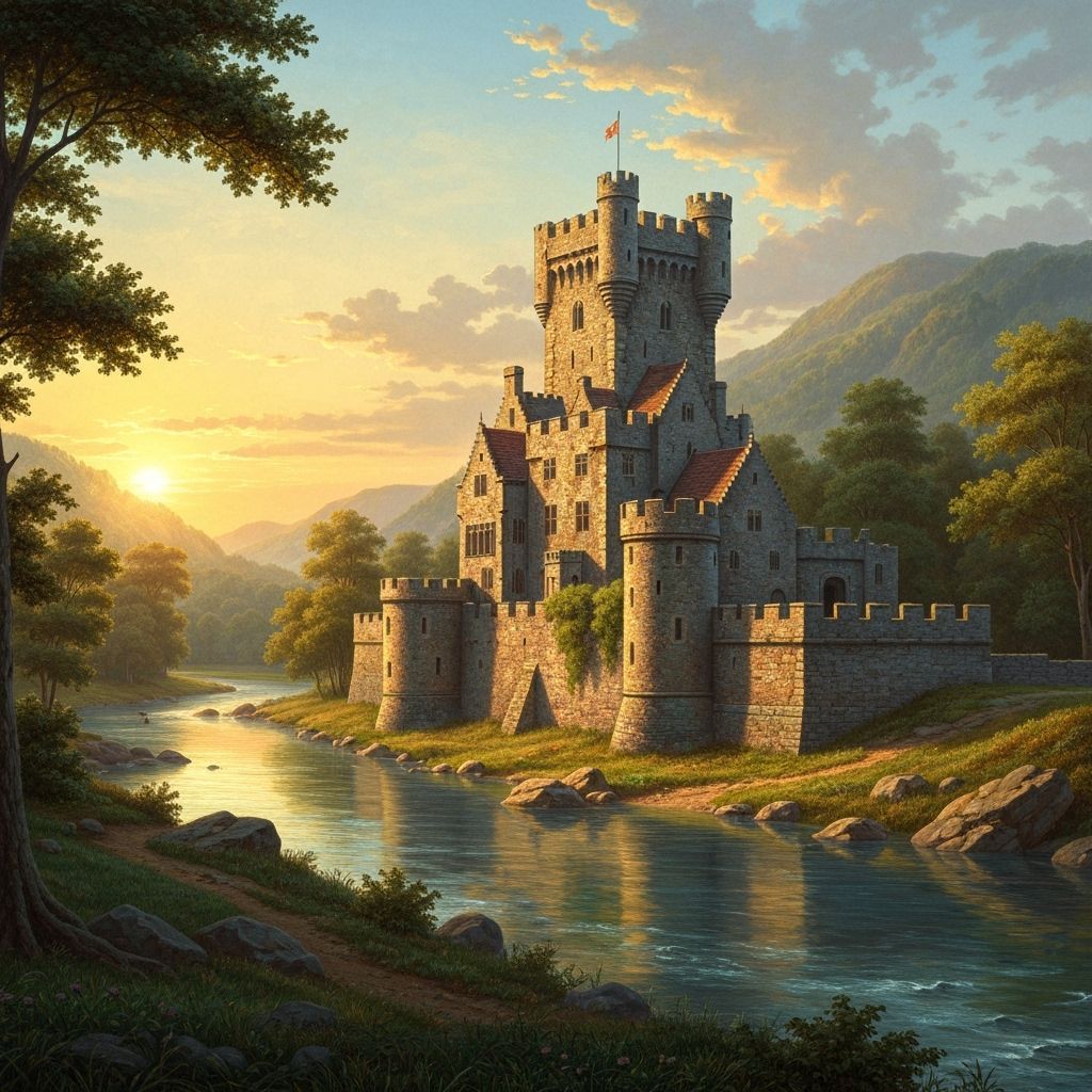 Majestic Castle by River at Sunset: Photorealistic Scene