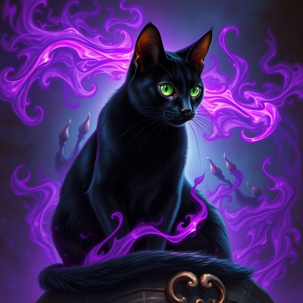 Mystical Black Cat in Purple Flames