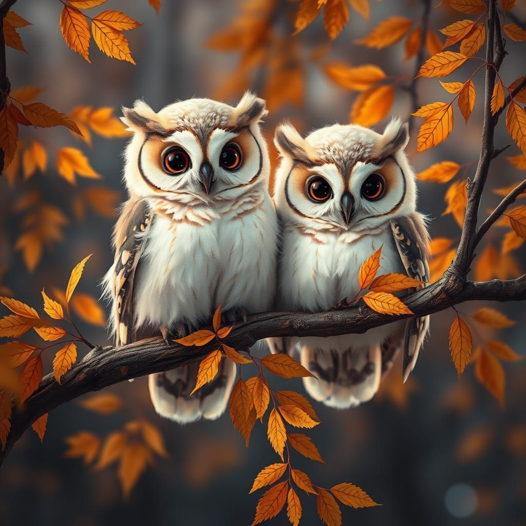Surreal Autumn Owls in Hyperrealistic Detail