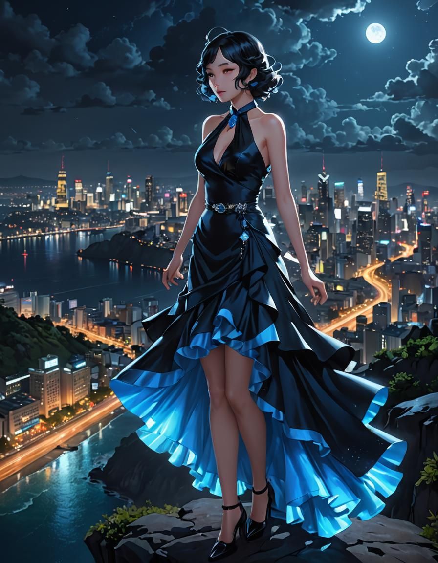 Night City View with Glowing 1930s Anime Figure