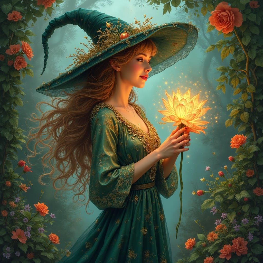 Art Nouveau Witch in Botanical Garden