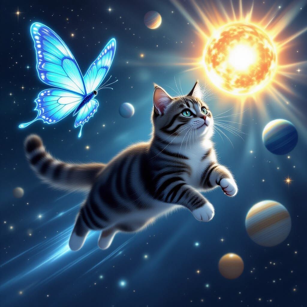 Tabby Angel Cat Gliding Through Space