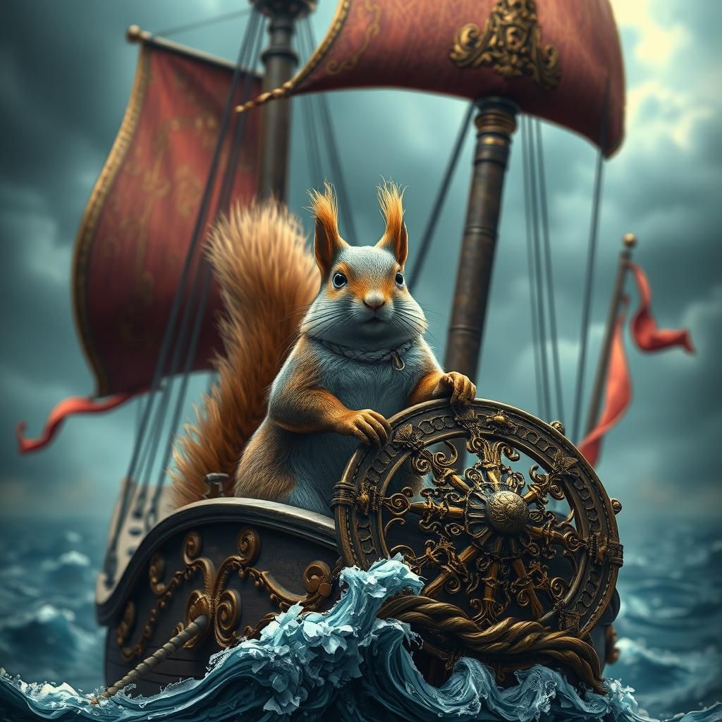 Squirrel Pirate on Ornate Ship: Mixed Media Fantasy