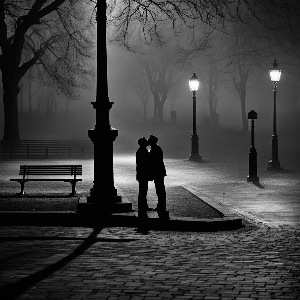 Silhouette of two men kissing in a dark park at night.