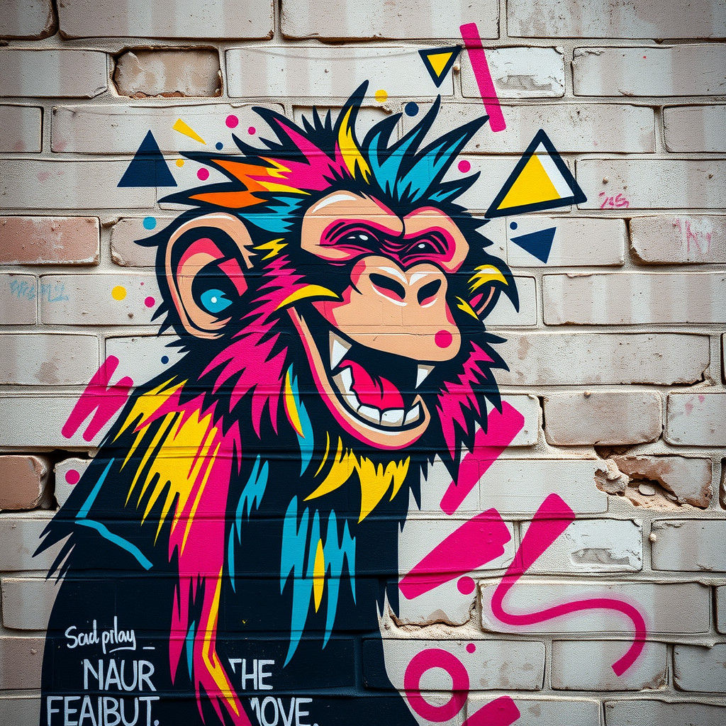Stylized Monkey Graffiti Art on Brick Wall