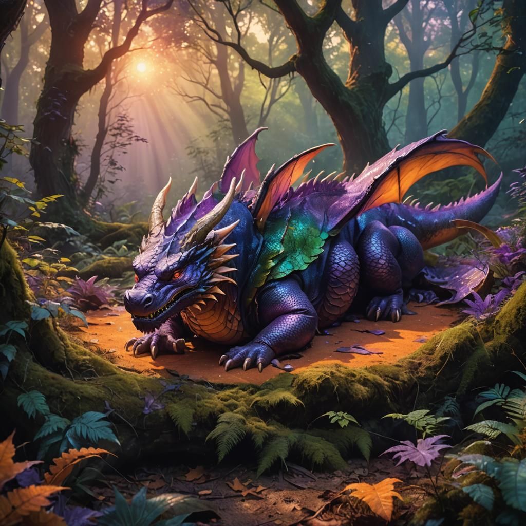 Sleeping Dragon in Mystical Forest: Fantasy Concept Art