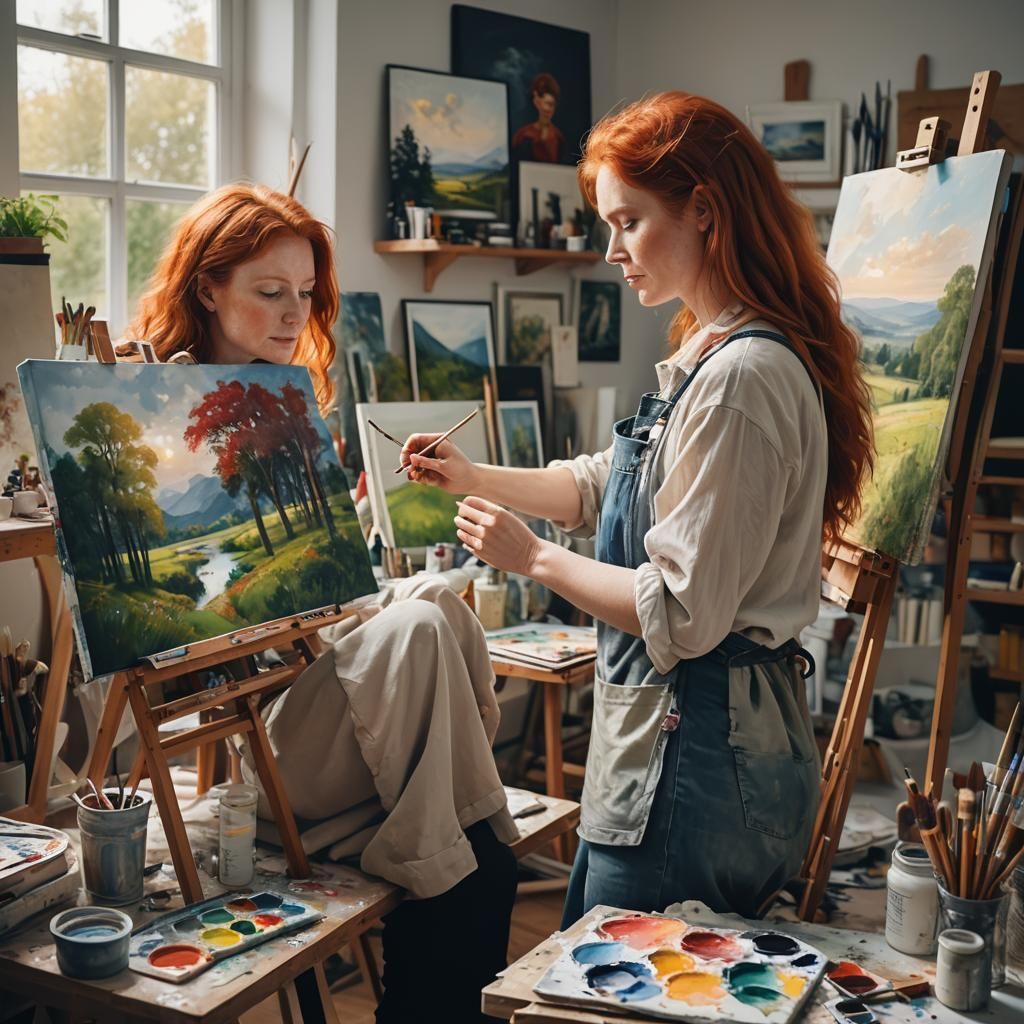 Red-Haired Artist Painting a Landscape in Studio