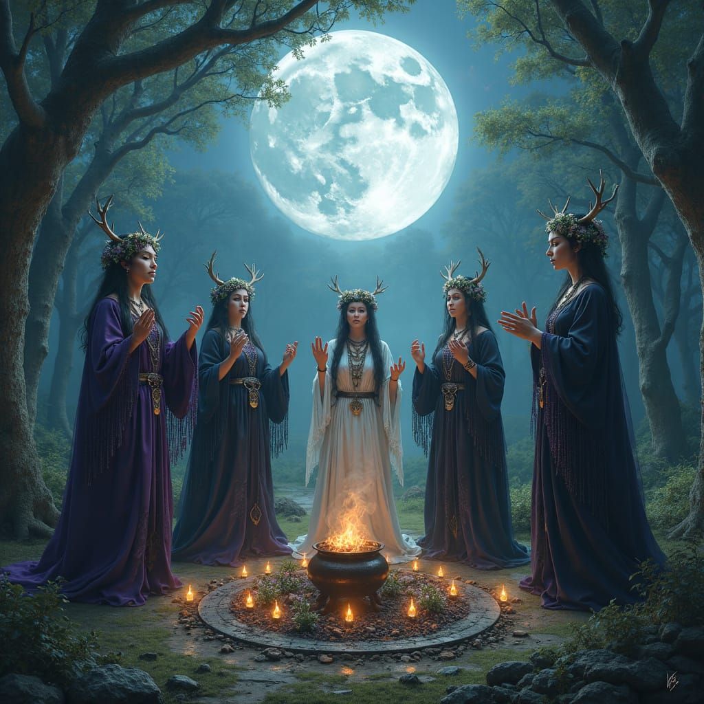 Witches Coven Ritual Under Moonlight, Digital Art