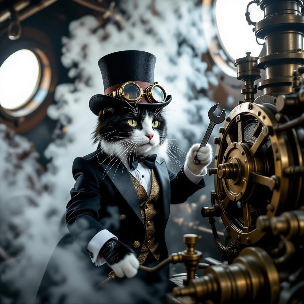Steampunk Tuxedo Cat Tinkers on Airship Engine