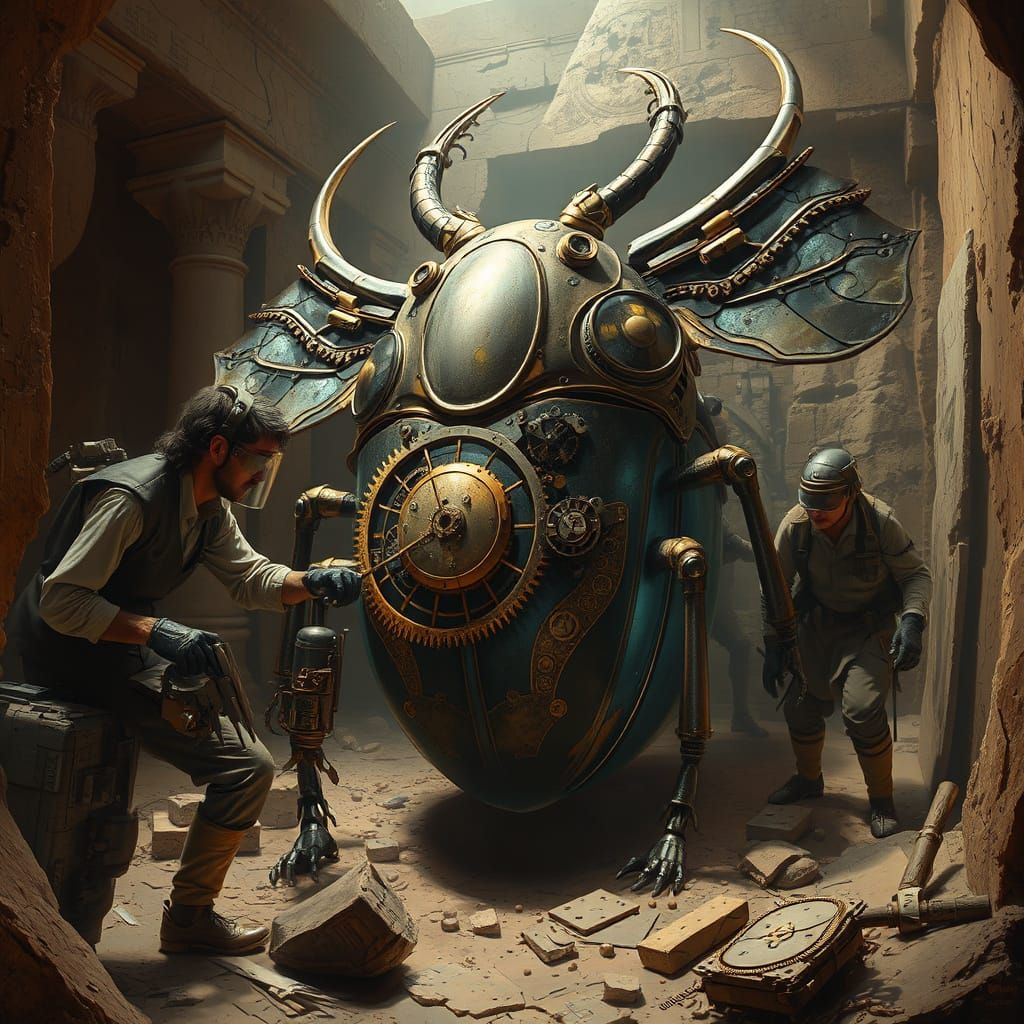 Steampunk Archaeologists Unearth Clockwork Scarab in Tomb