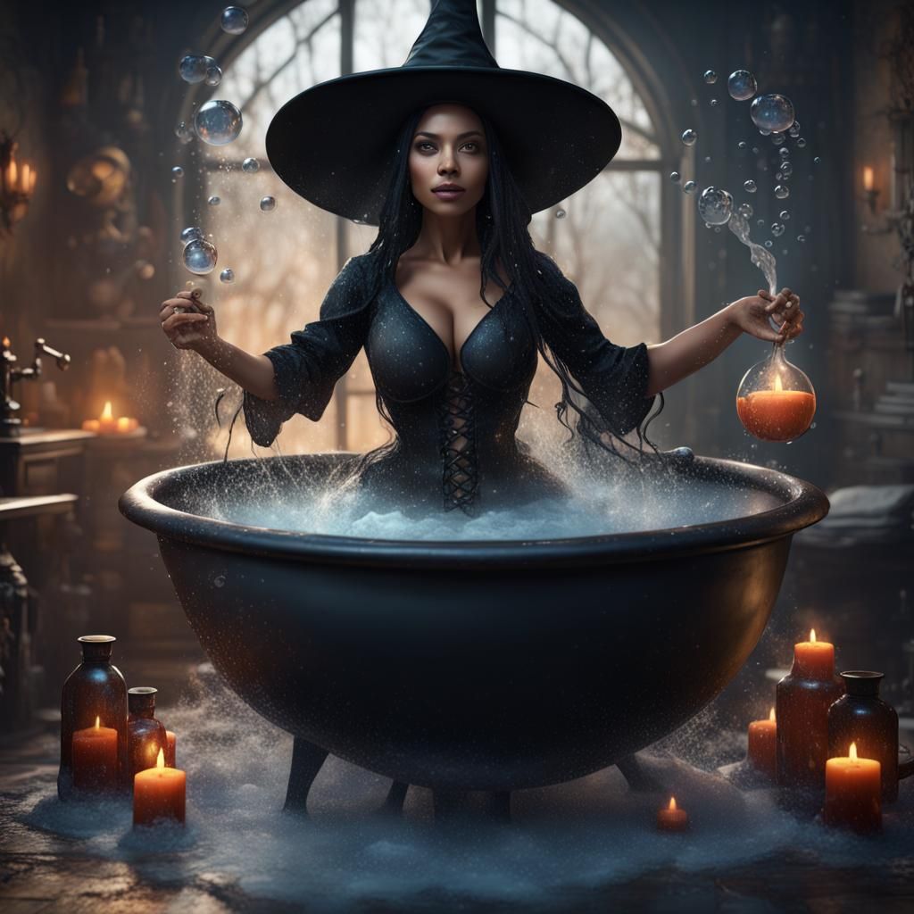 Hyperrealistic Witch Bathes in Cauldron
