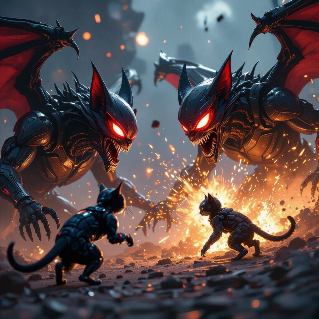 Demons Battle Cybernetic Cats in Epic Showdown