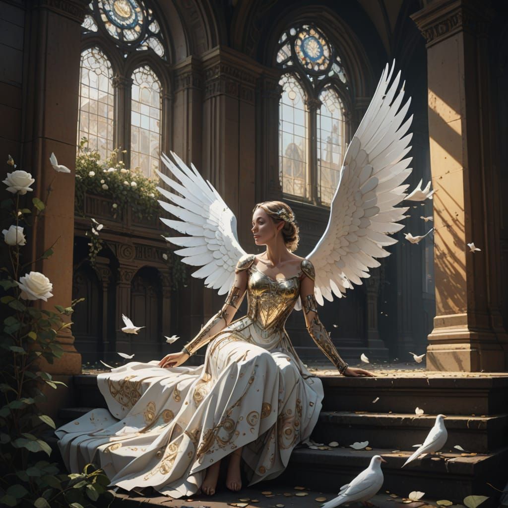 Surreal Robot Dove Goddess in Cathedral Setting
