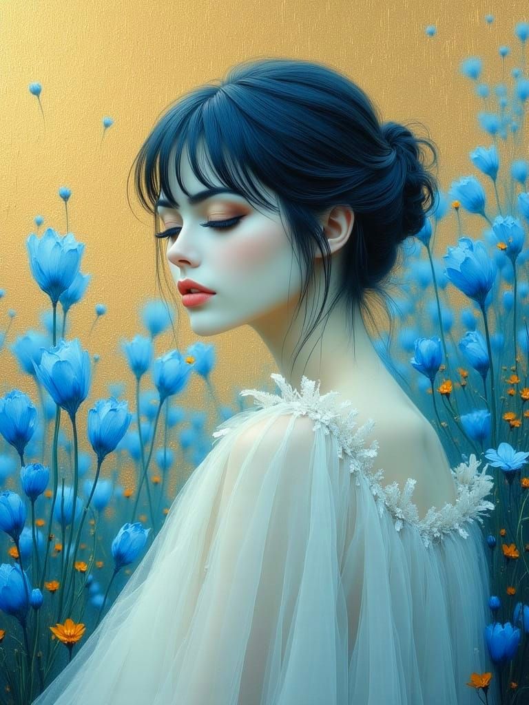 Ethereal Floral Dreamscapes in Soft Gold and Blue