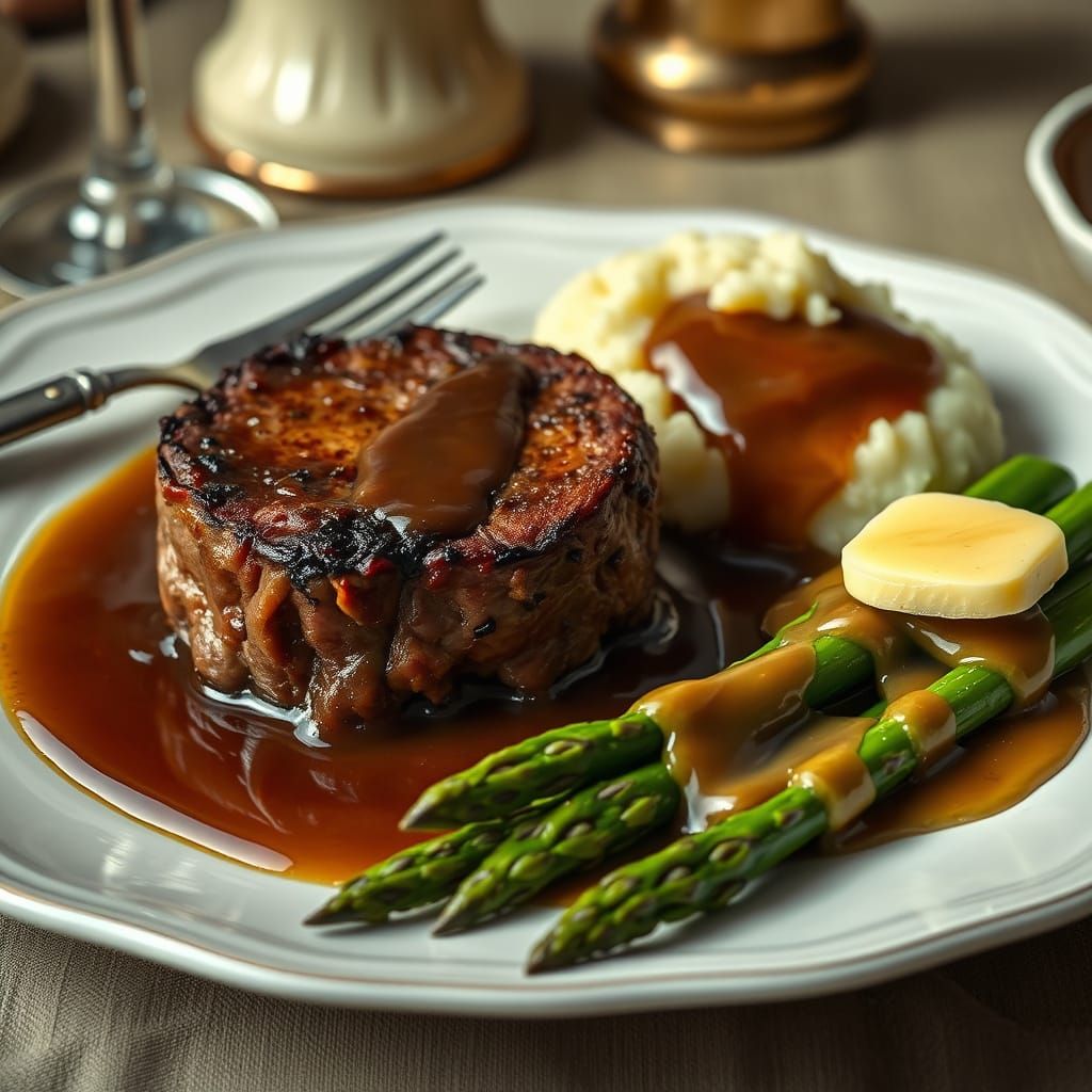 Steakhouse Still Life with Asparagus and Mashed Potatoes in ...