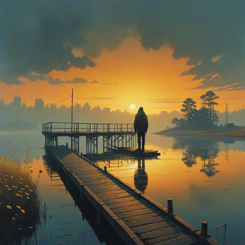 Melancholic Figure on Pier at Sunset