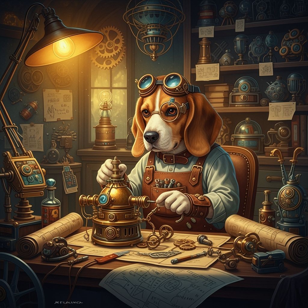 Steampunk Beagle Inventor in Workshop