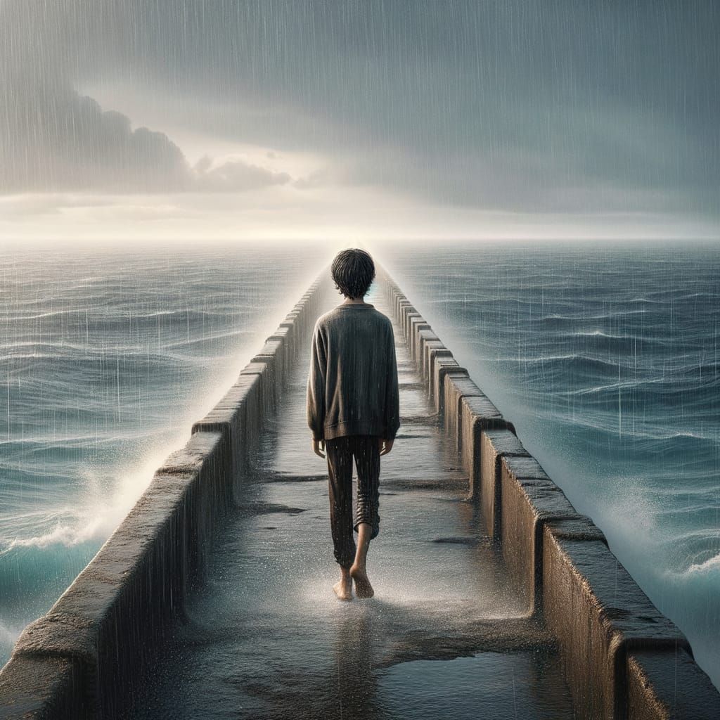 Teenager Walks Alone on Concrete Bridge Amidst Endless Ocean