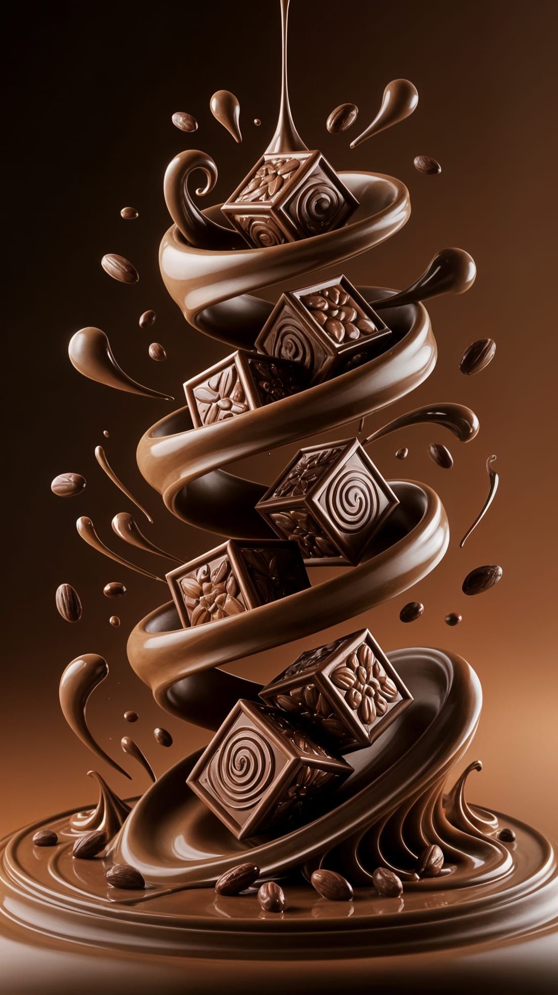 Swirling Chocolate Vortex with Cubes and Almonds