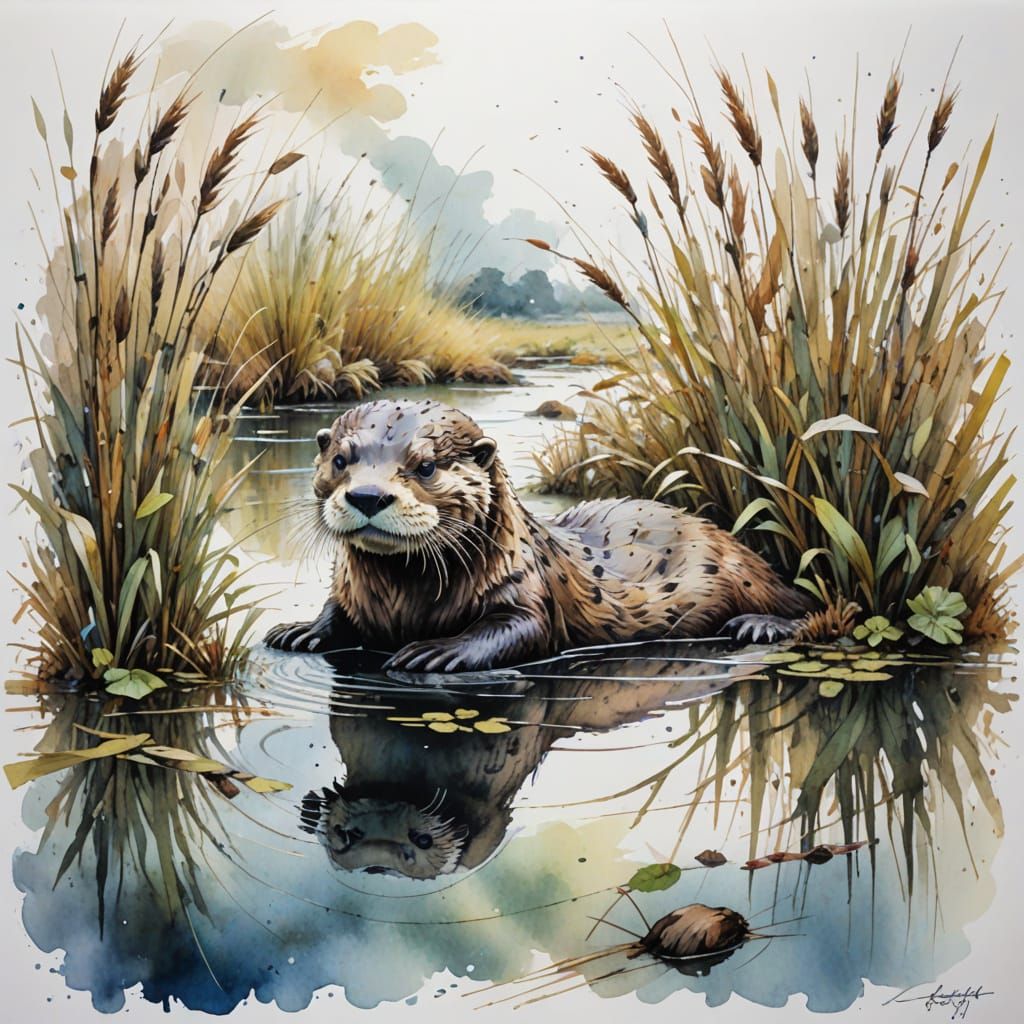 Tranquil Marshland Scene with Otter in Watercolour Style