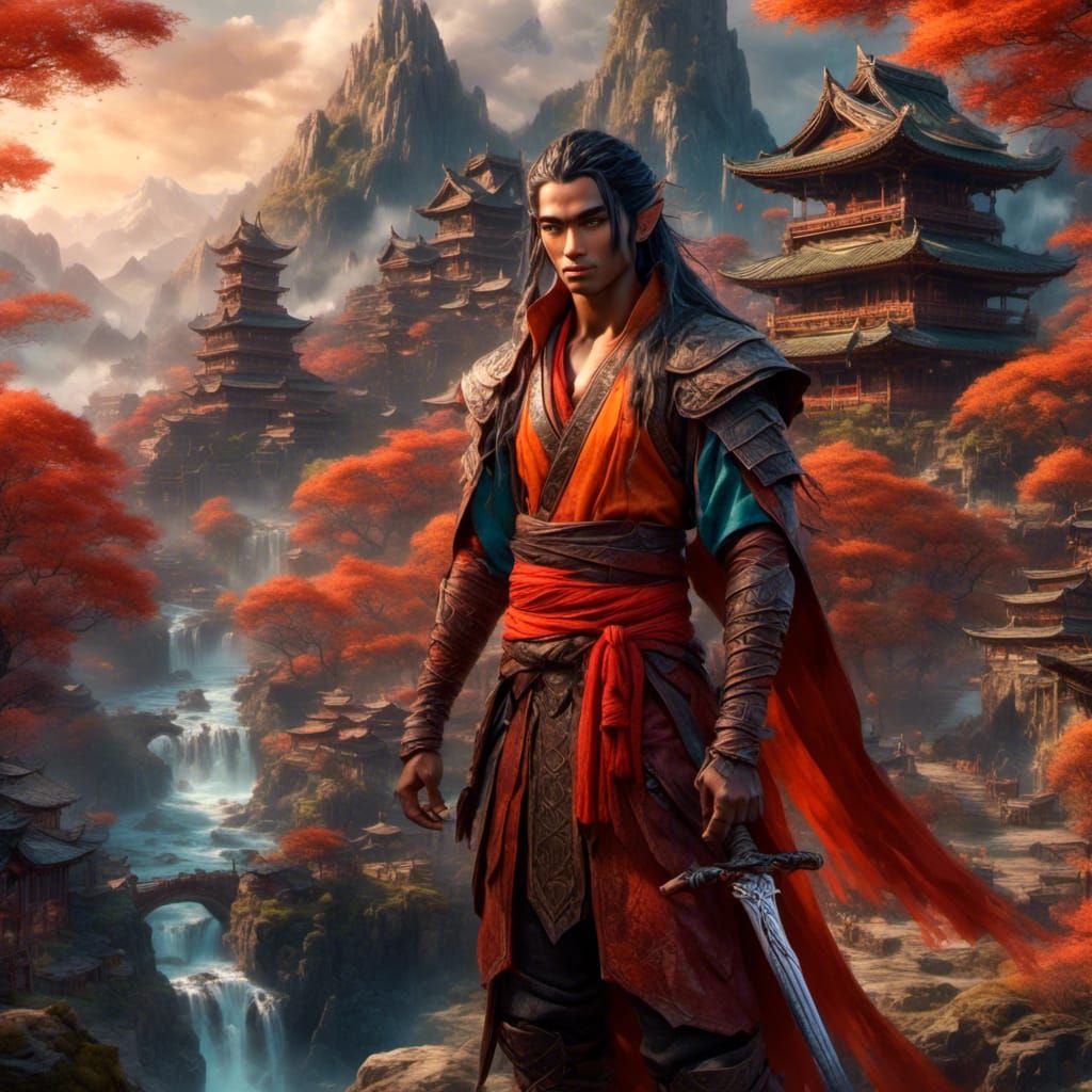 Elven Swordsman in Japanese Clothing, Matte Painting
