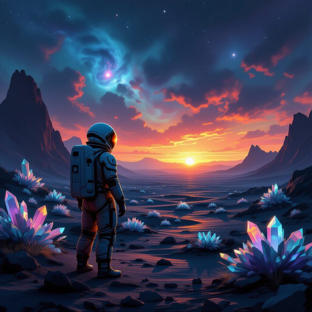 Astronaut on Alien World Under Binary Sunset