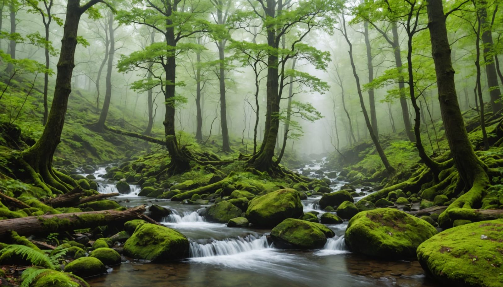 Misty Oak Forest Stream with Waterfalls