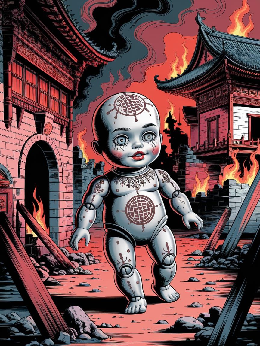 Haunted Doll Wandering Medieval Ruins in Dark Fantasy Style