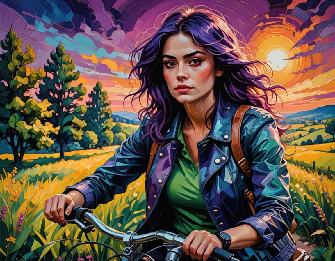 French Lady on Bicycle in Synthwave Zentangle Art