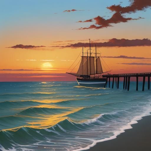 Tranquil Sunset Oil Painting of Lone Pier