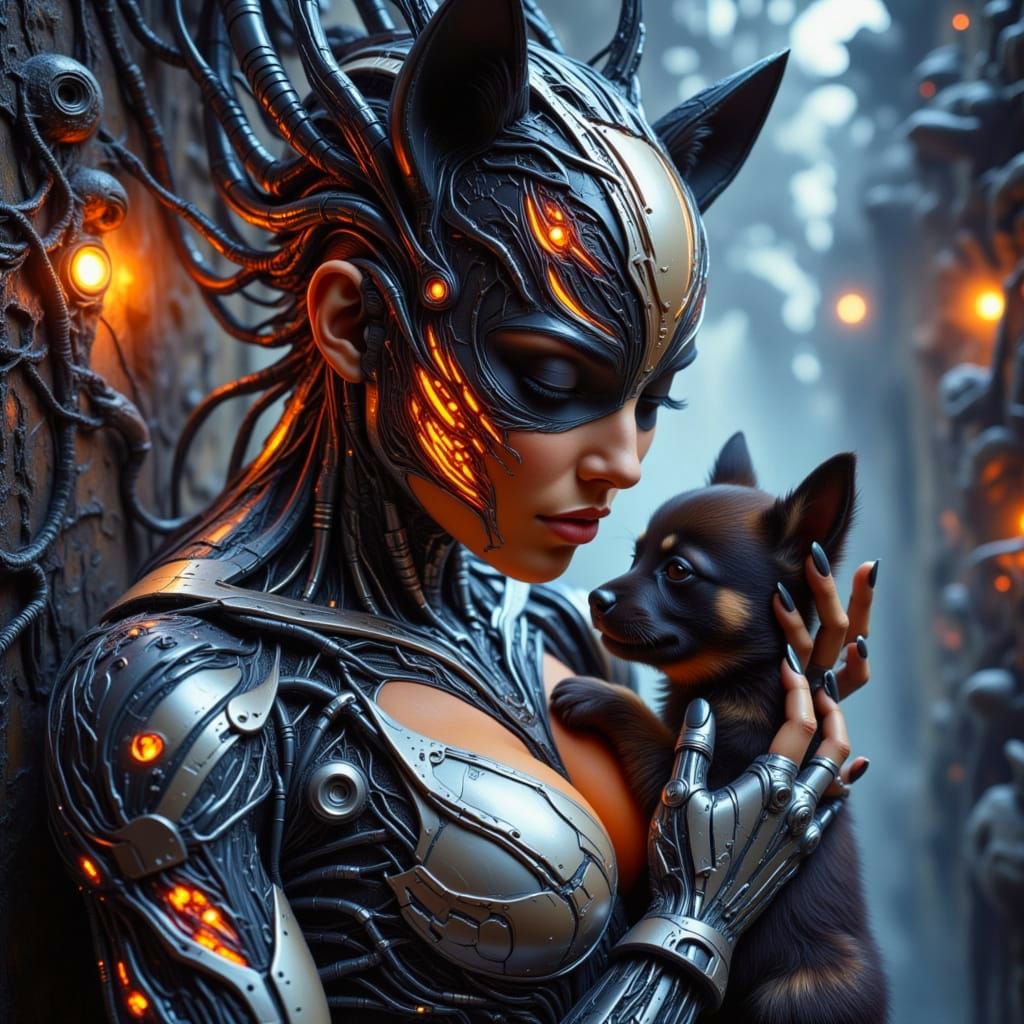Cybernetic Droid Tenderly Holds Injured Puppy