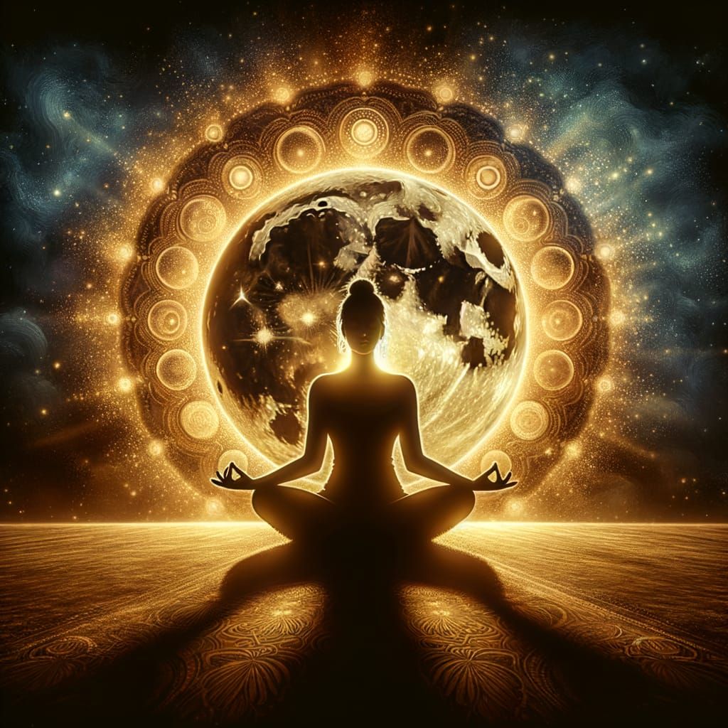 Woman in Meditation Under Golden Celestial Moon