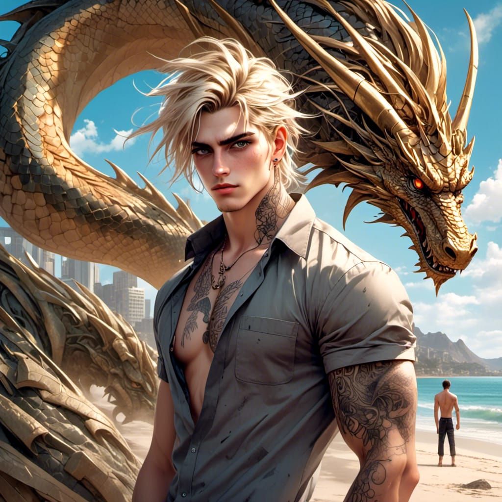 Dragon Tattooed Man on Beach in HDR