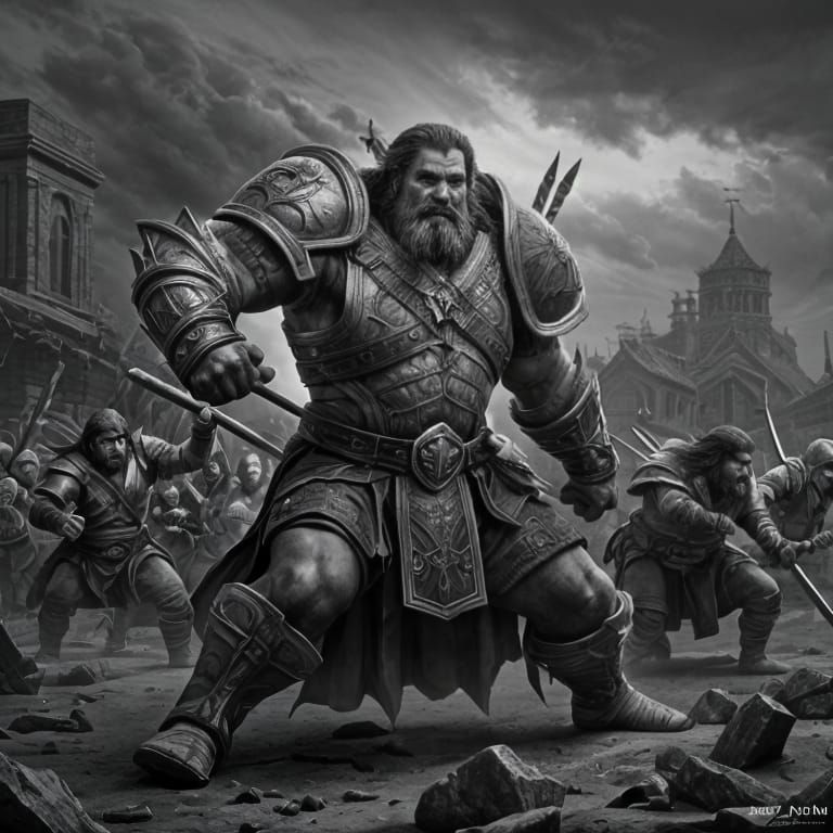 Epic Black and White Dwarven Battle Scene