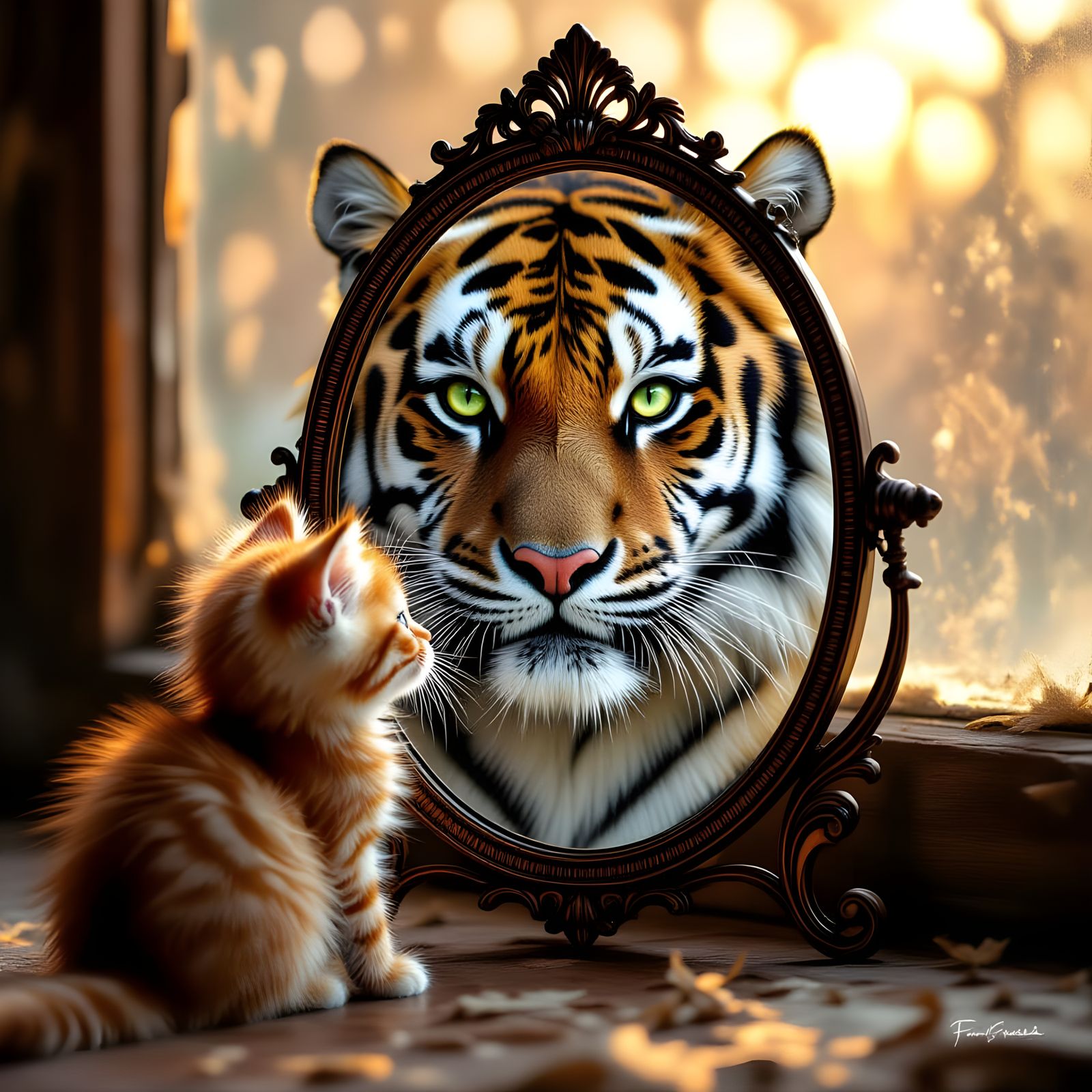 Kitten Sees Giant Tiger Reflection in Mirror