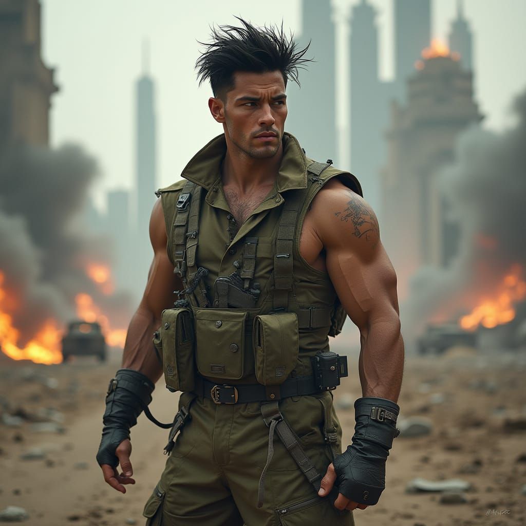 Resilient Soldier in War-Torn City, Photorealistic Digital A...