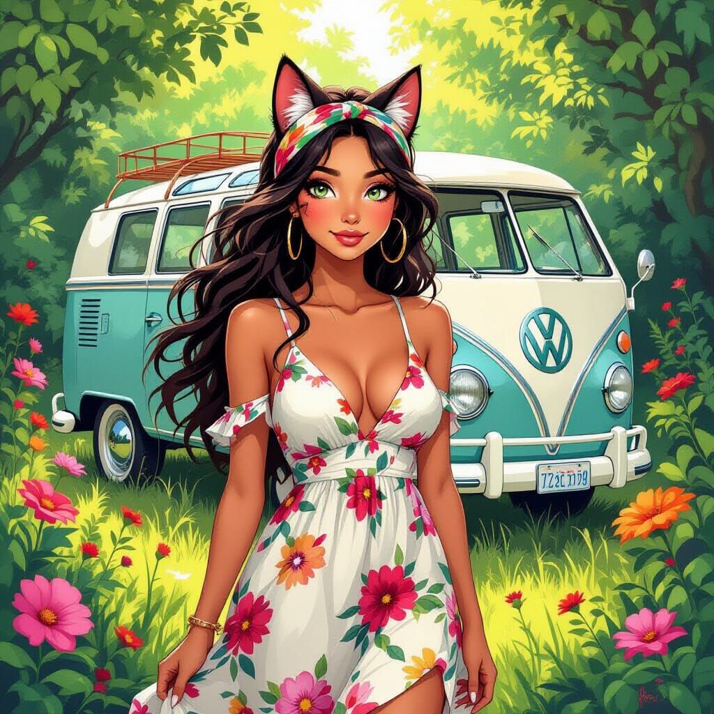 Catfolk in Hippie Fashion with Vintage Van