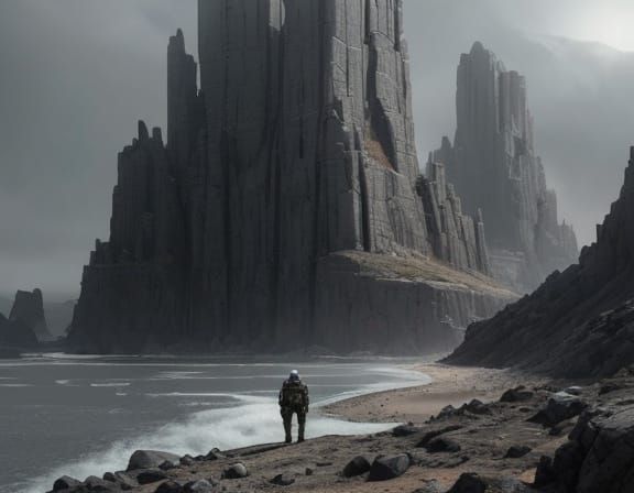 Futuristic Explorer on Desolate Shoreline in Muted, Overcast...