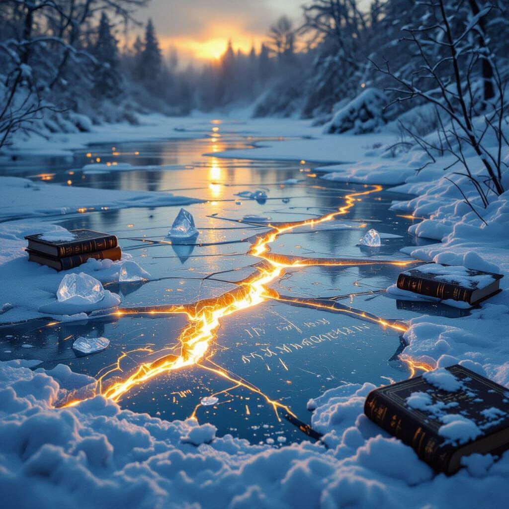 Mystical Frozen Lake with Glowing Crack