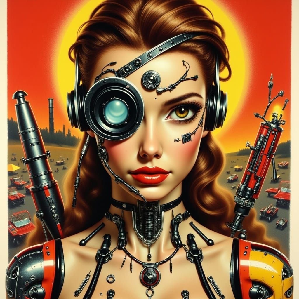 Cyborg Pinup in 1940s War Propaganda Poster Style