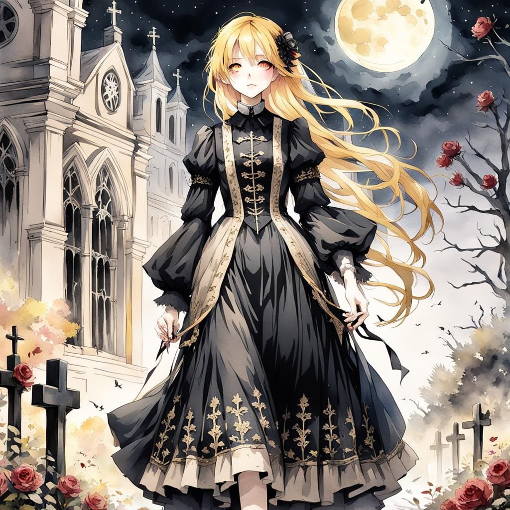 Lonely Girl in Victorian Dress Near Church, Anime Watercolor