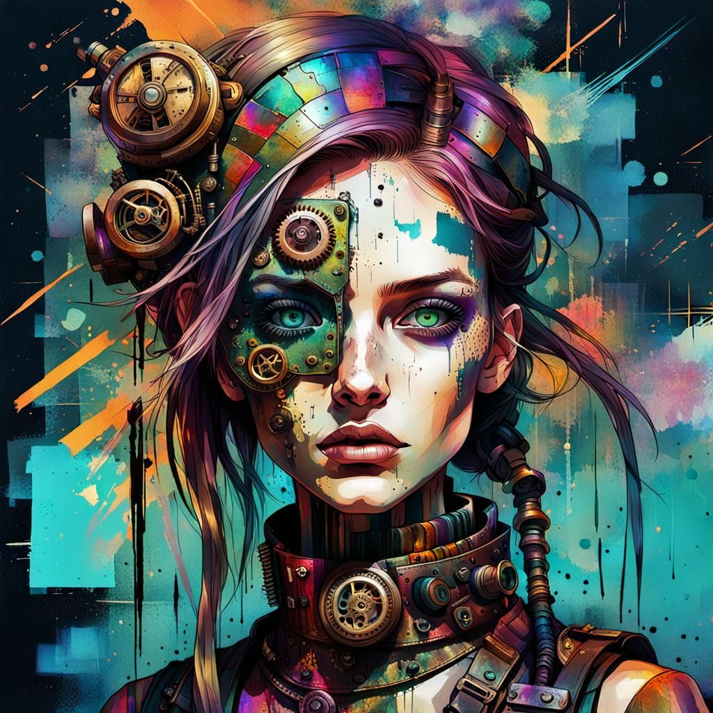 Steampunk Girl Portrait in Glitch Art Style
